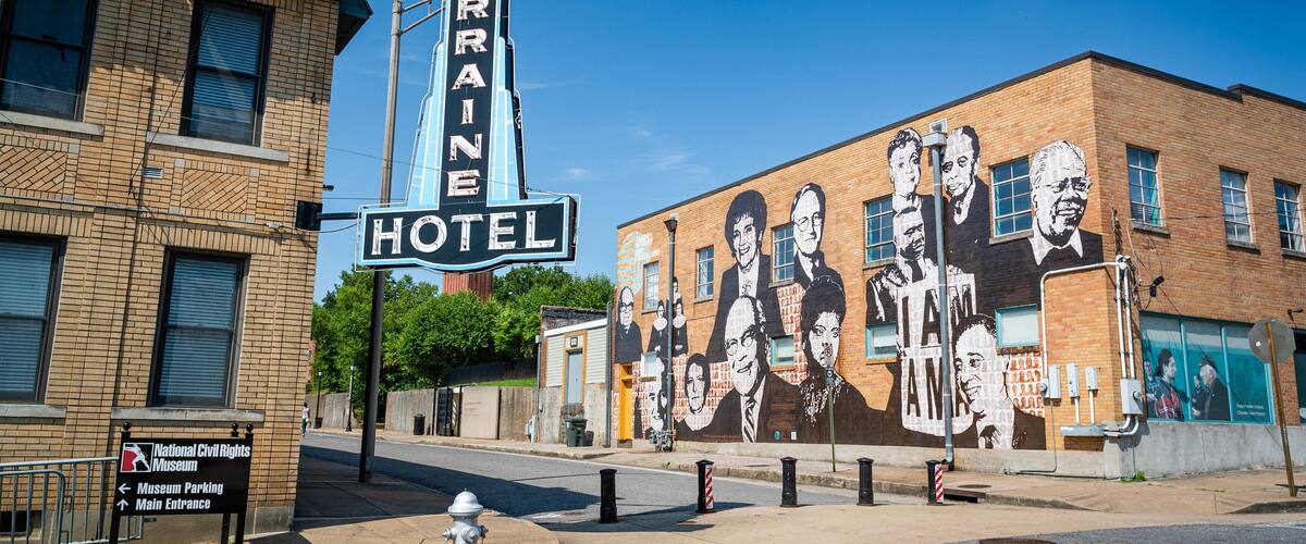National Civil Rights Museum at the Lorraine Motel showing outdoor art and signage