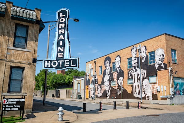 National Civil Rights Museum at the Lorraine Motel showing outdoor art and signage