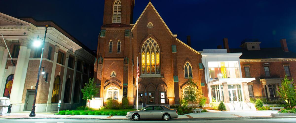 Main Street United Methodist Church at night in downtown Nashua, New Hampshire, NH, USA.