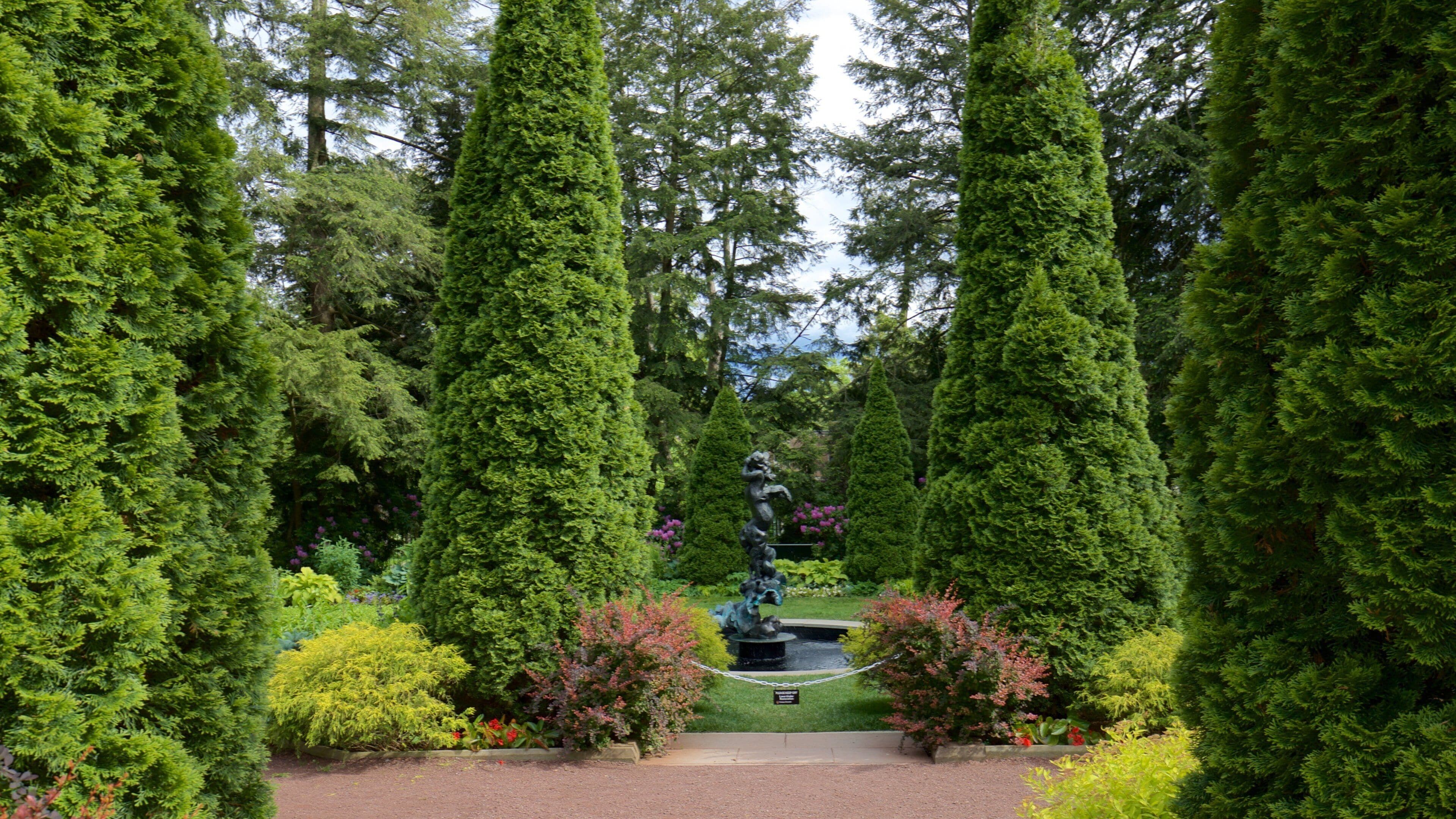A formal garden with tall, manicured trees, a central statue, and well-maintained flower beds.