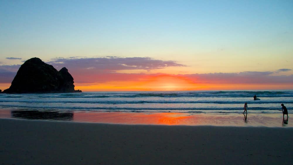 Piha Beach showing landscape views, a sandy beach and swimming