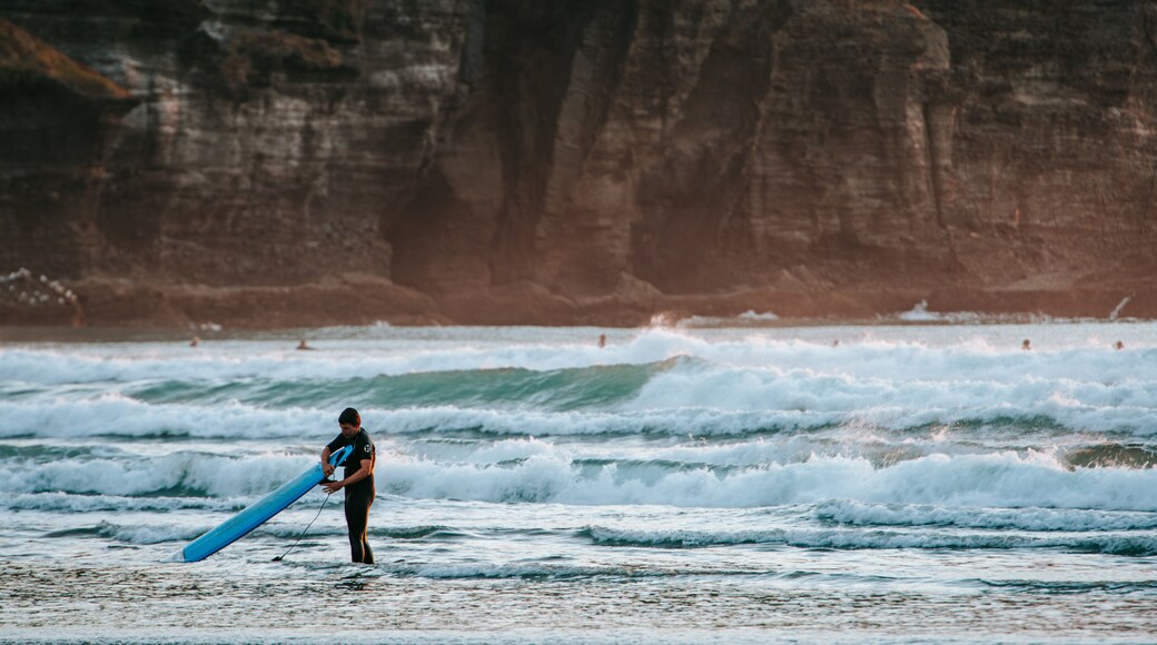 Piha Beach which includes waves, general coastal views and surfing