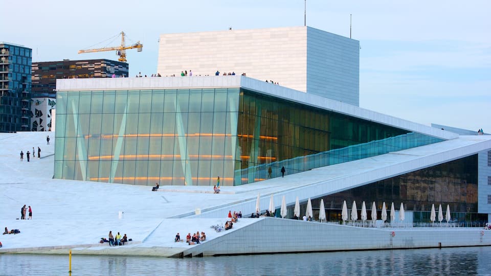 Oslo Opera House which includes modern architecture and theatre scenes