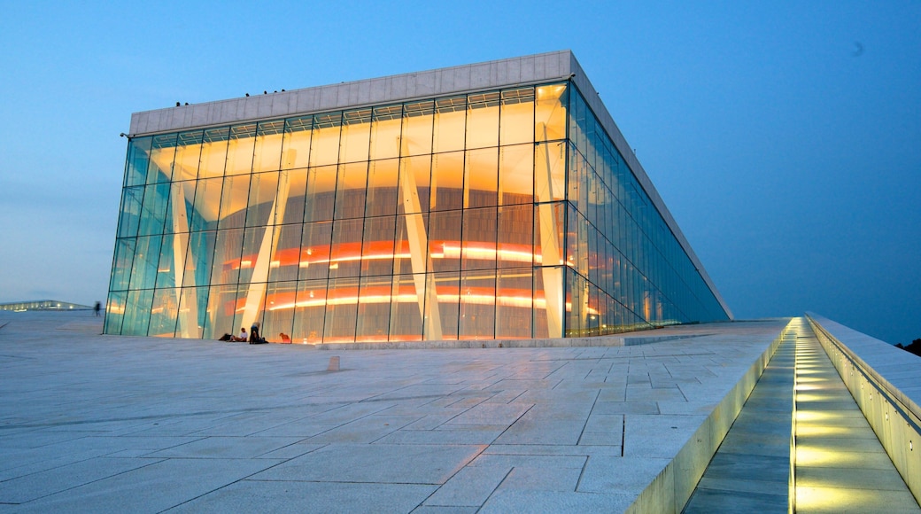 Oslo Opera House showing theater scenes, modern architecture and night scenes