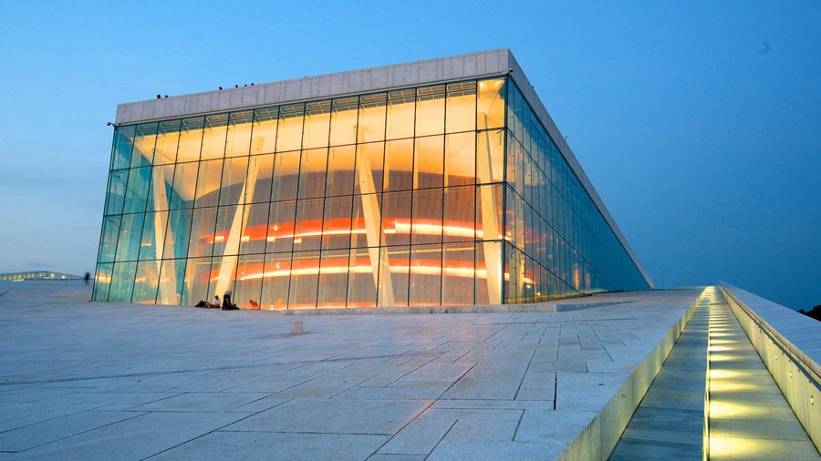 Oslo Opera House showing theater scenes, modern architecture and night scenes