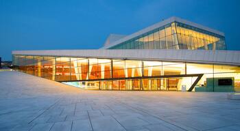Oslo Opera House which includes theater scenes, modern architecture and night scenes