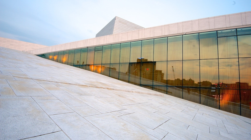 Oslo Opera House which includes modern architecture and theater scenes