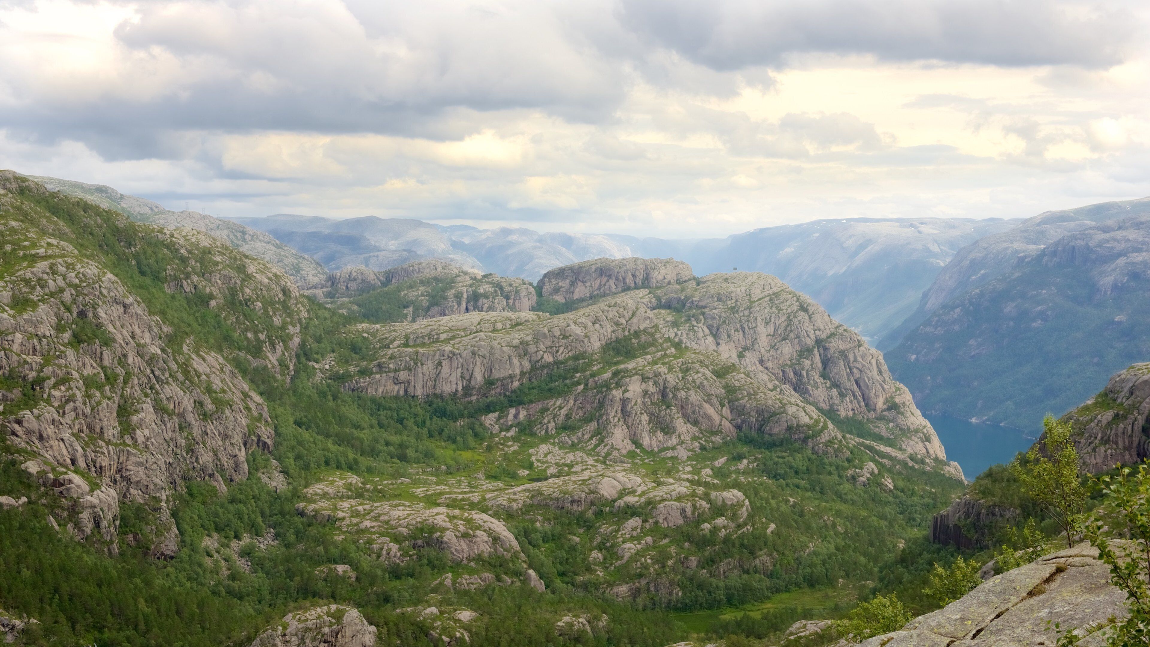 A mountainous landscape with rocky terrain and dense green forests.