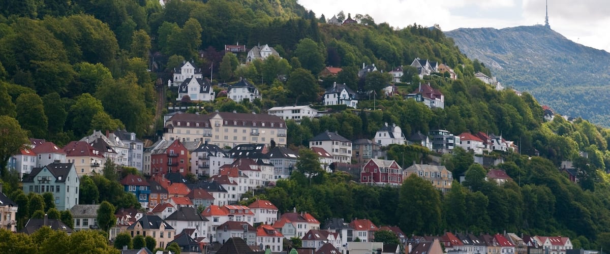 Mt. Floyen featuring mountains and a small town or village