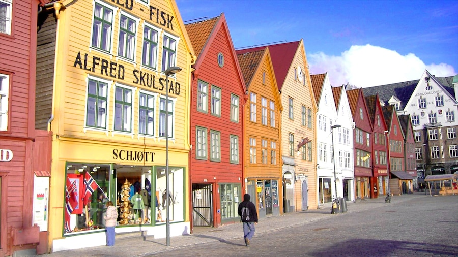 Bryggen which includes signage, a city and street scenes
