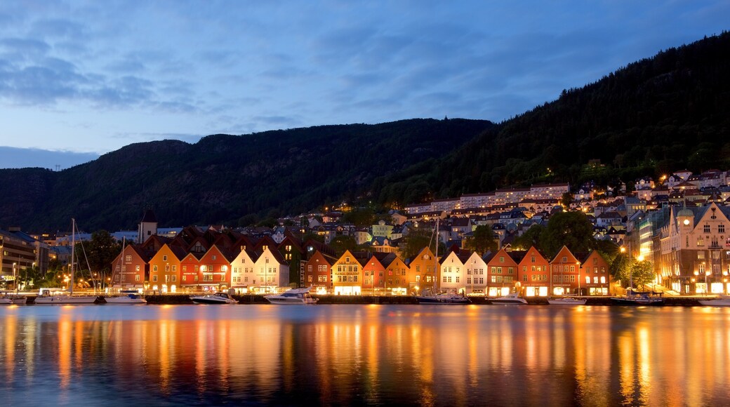 Bryggen montrant vues littorales et scènes de nuit