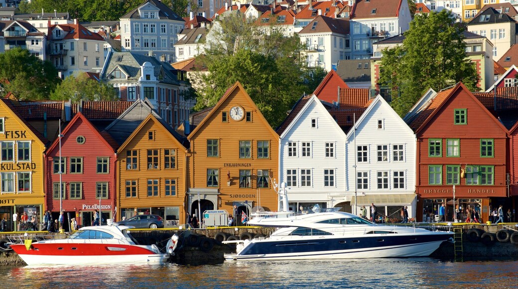 Bryggen showing a coastal town and boating