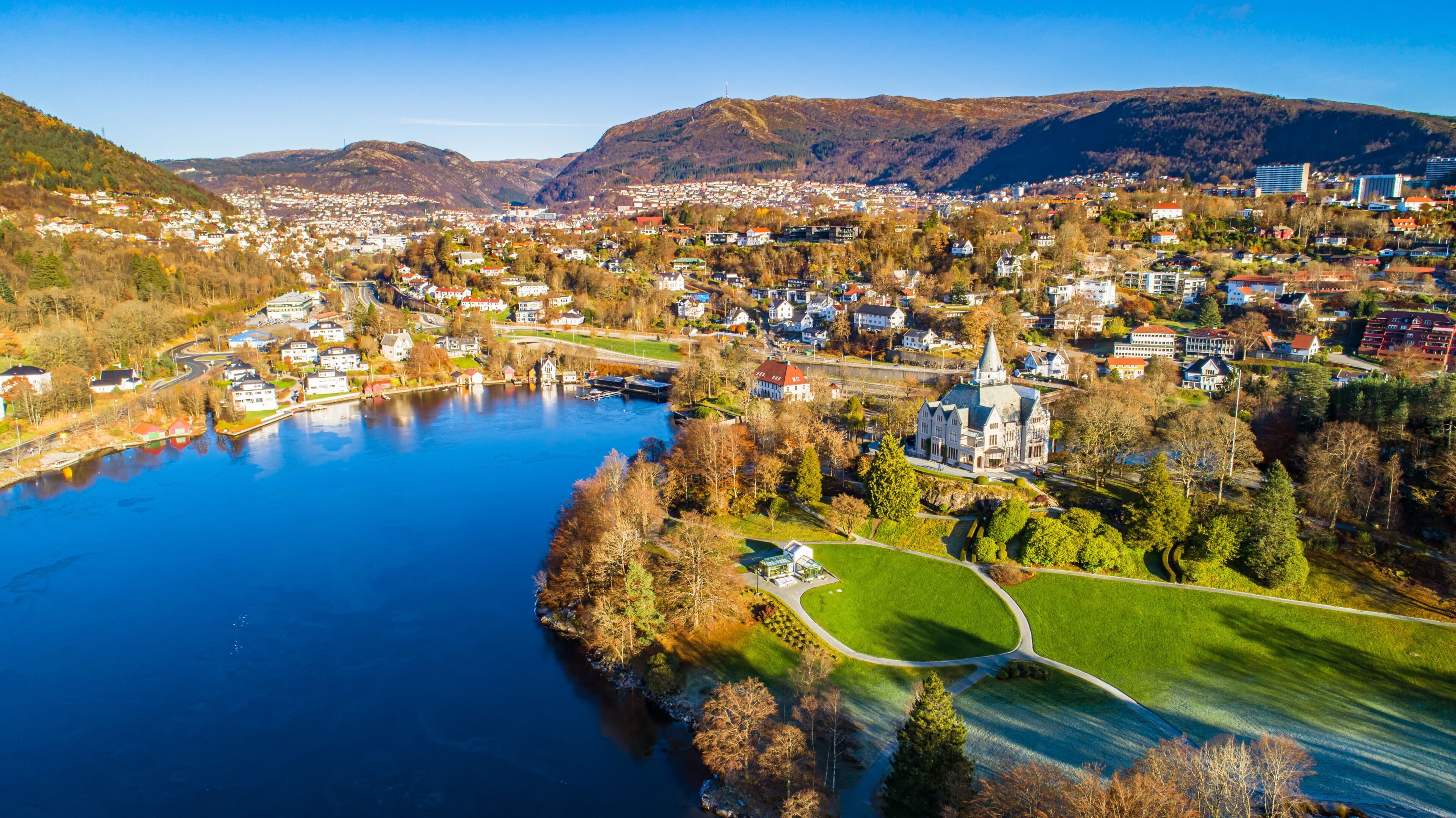 Aerial view of  Royal mansion Gamlehaugen. Bergen, Norway.