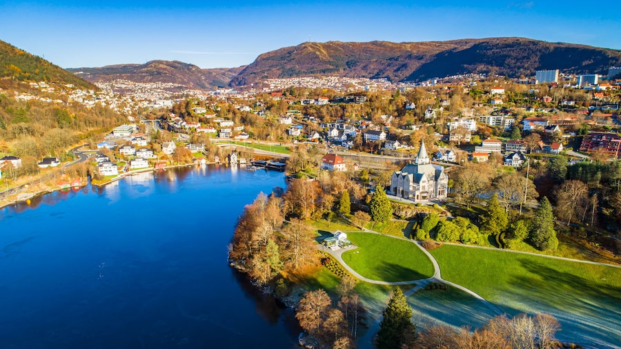 Aerial view of Royal mansion Gamlehaugen. Bergen, Norway.