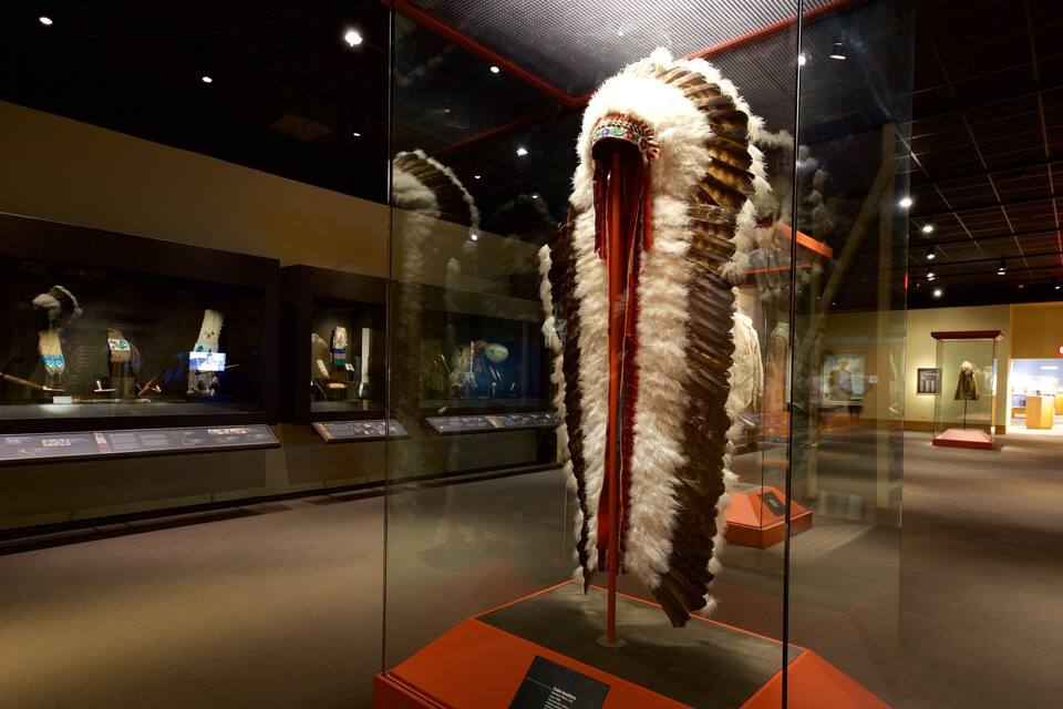 Una exposición de museo con una gran tocaja emplumada.