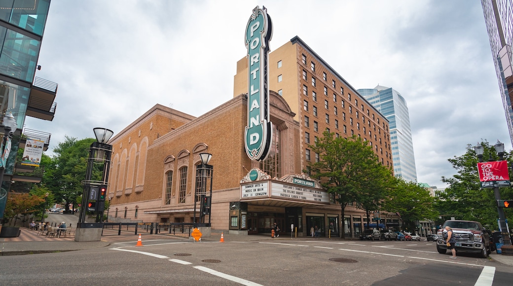Arlene Schnitzer Concert Hall featuring signage and a city