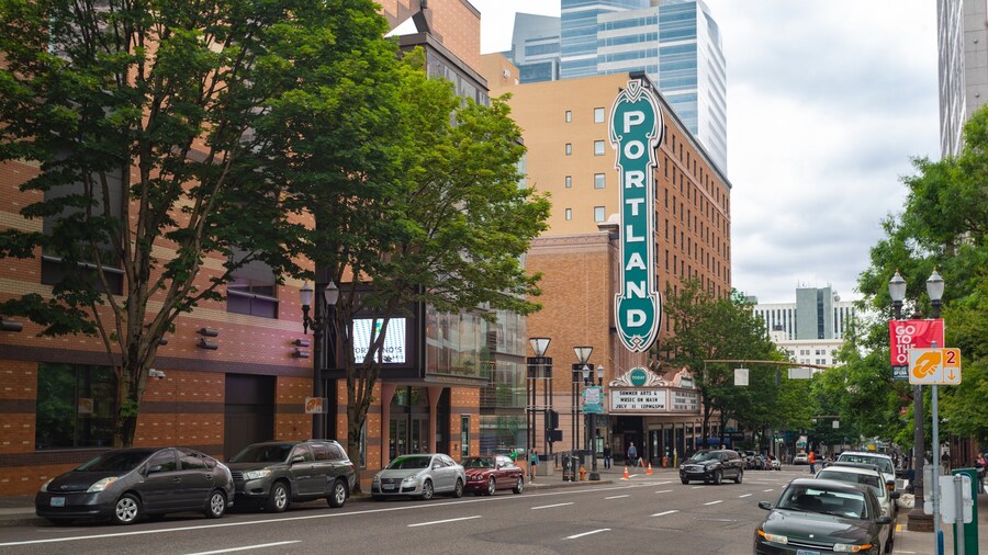 Arlene Schnitzer Concert Hall showing a city and signage