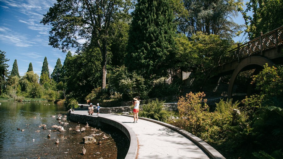 Crystal Springs Rhododendron Garden which includes a pond and bird life as well as a family