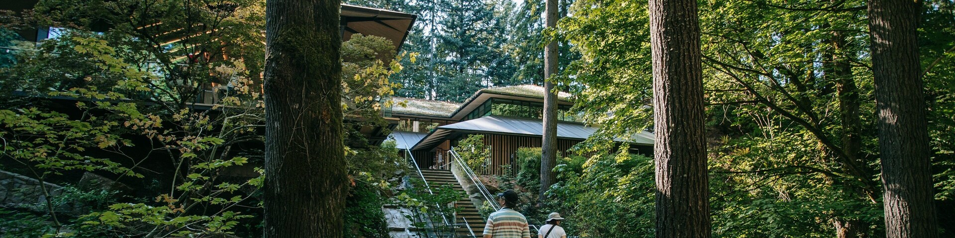 Portland Japanese Garden featuring a bridge, a garden and forest scenes