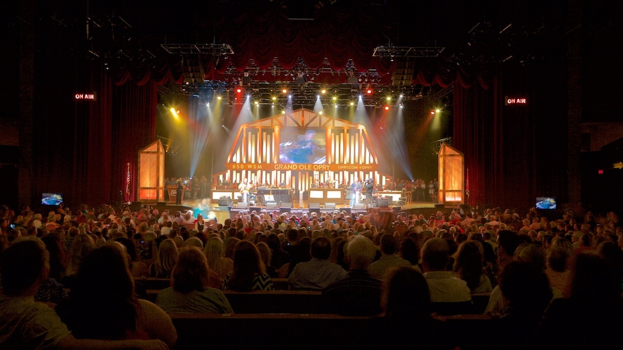 A concert stage with a large audience seated in a theater.