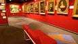Une galerie d’art aux murs et au banc rouges.