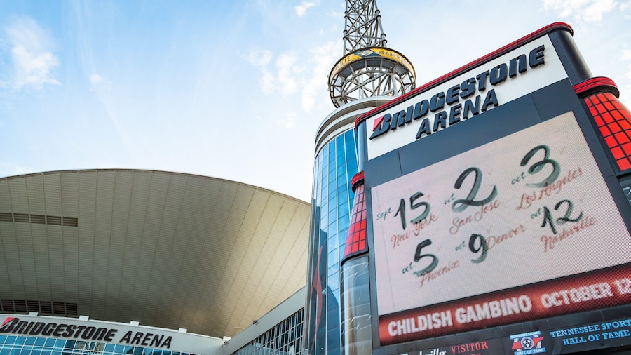 Bridgestone Arena which includes signage and modern architecture