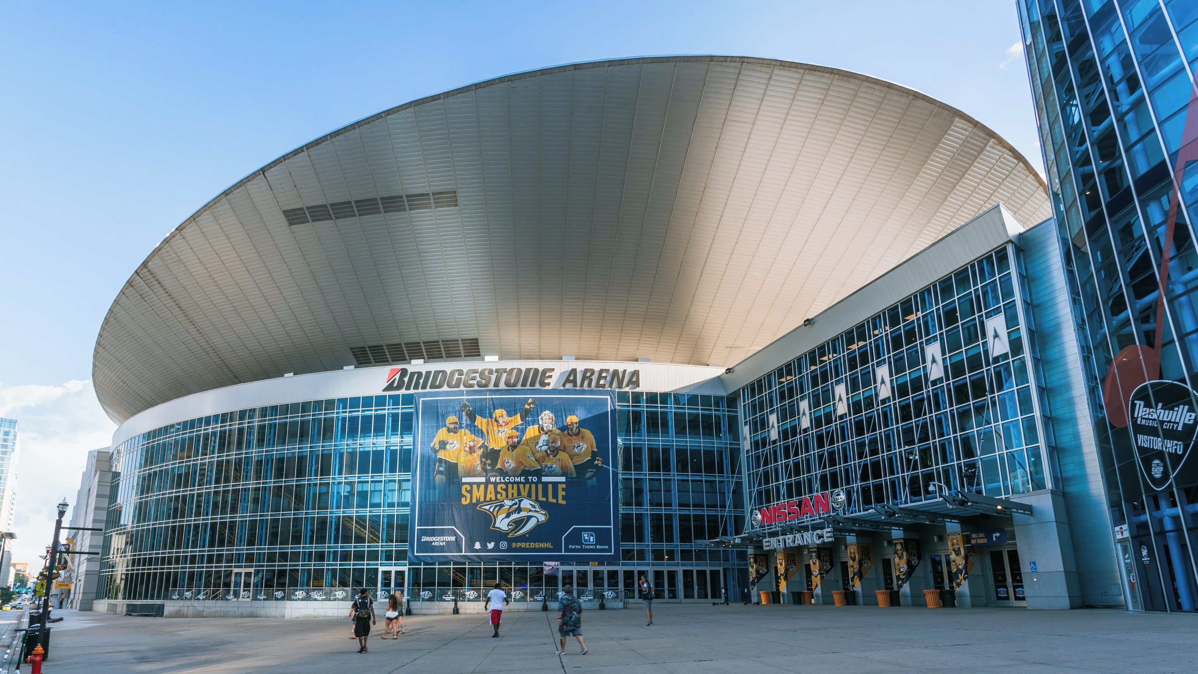 Bridgestone Arena showcases modern architecture in Downtown Nashville, Tennessee on a sunny day
