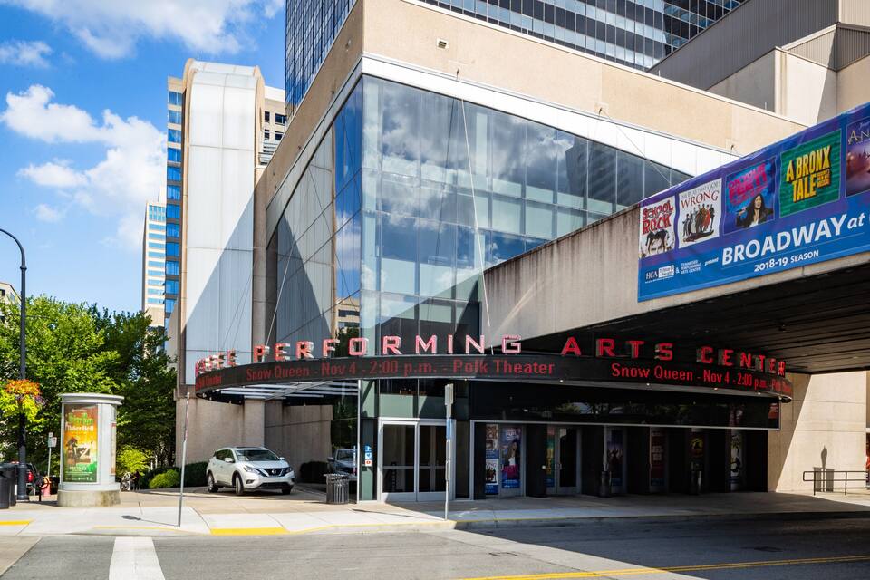 The Performing Arts Center with a sign for Snow Queen.