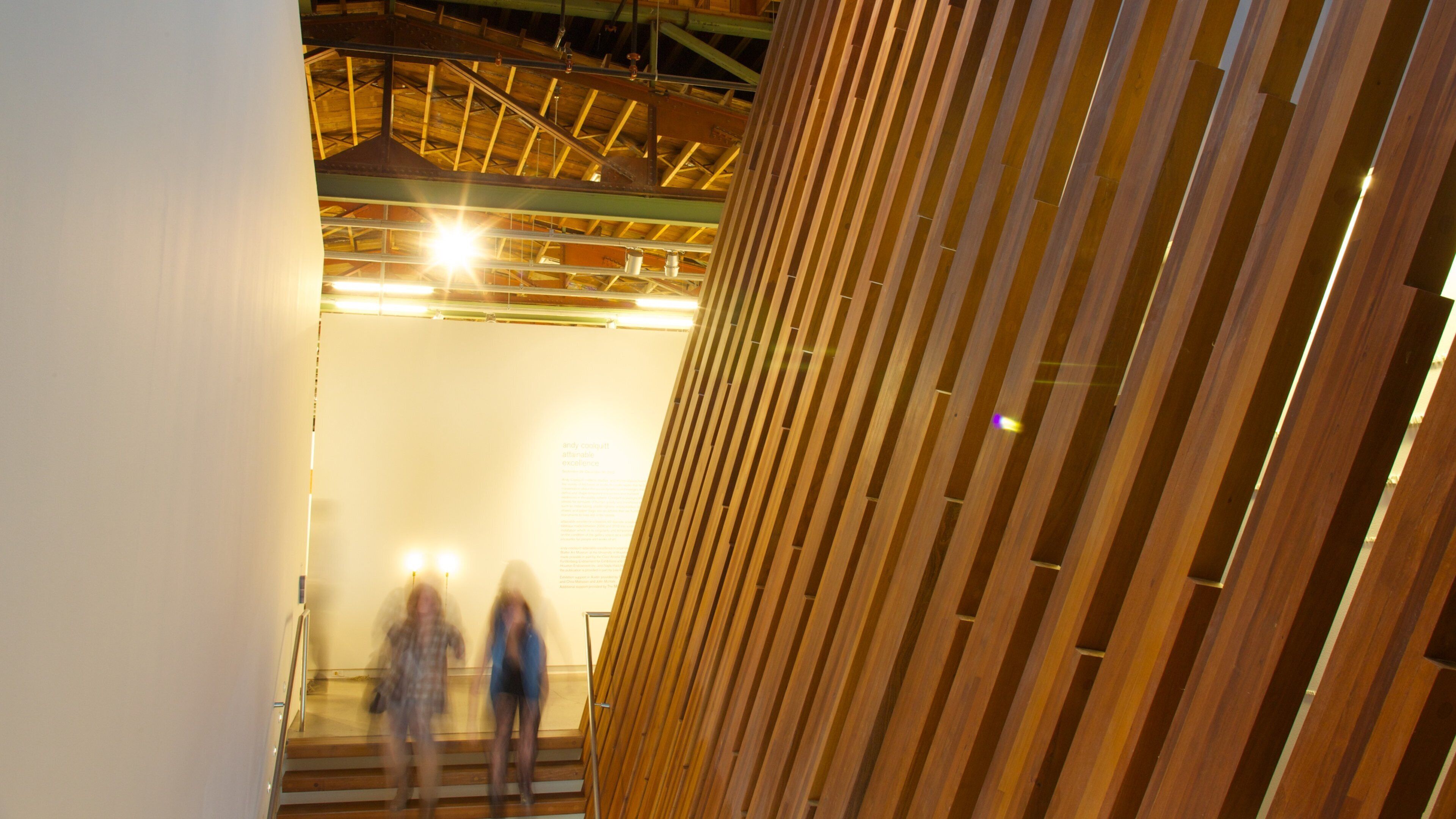 Visitors stroll through the AMOA-Arthouse in Austin Texas, exploring contemporary art and design within an inviting atmosphere