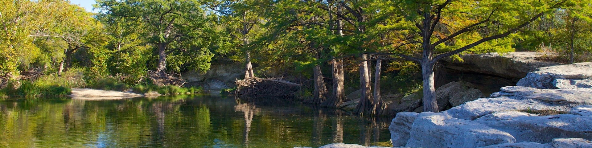 Parque estatal McKinney Falls ofreciendo jardín, vista panorámica y imágenes de bosques