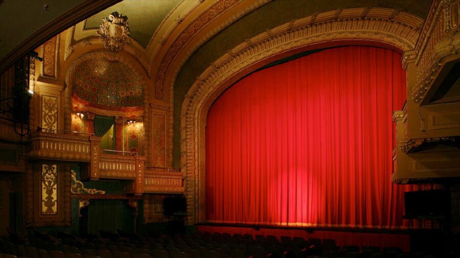 Historic performance space at Paramount Theatre in Austin, Texas features grand red curtain and ornate architecture