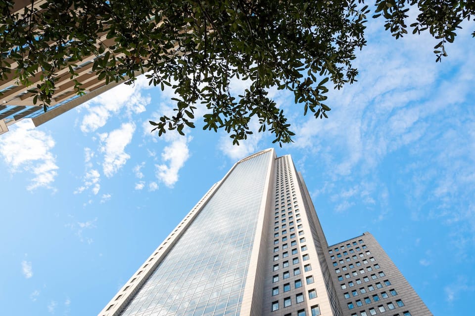 A tall glass skyscraper with a modern design, surrounded by a clear blue sky and some tree branches.