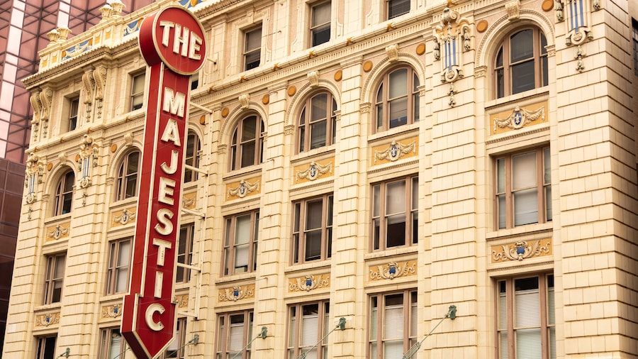 Majestic Theater featuring a city, heritage architecture and signage