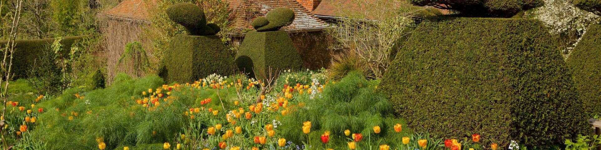 Great Dixter House and Gardens showing a park, heritage elements and flowers