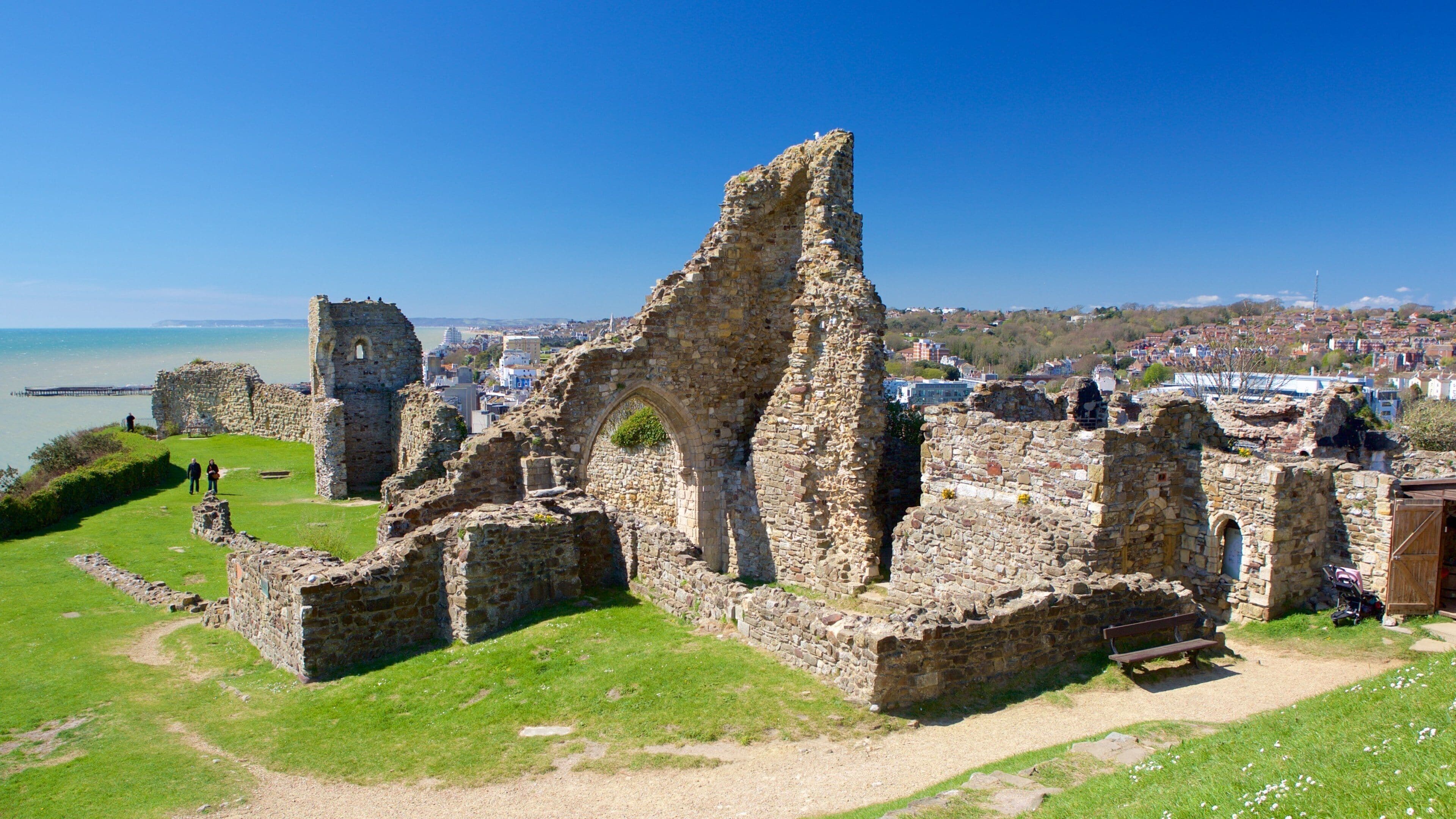 Hastings Castle featuring a ruin, heritage elements and general coastal views
