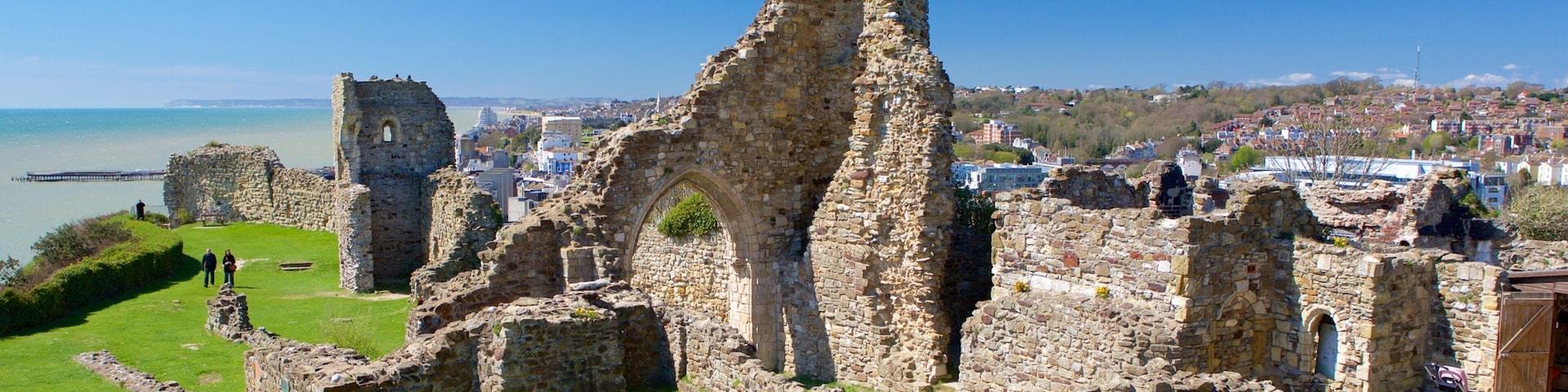 Hastings Castle featuring a ruin, heritage elements and general coastal views