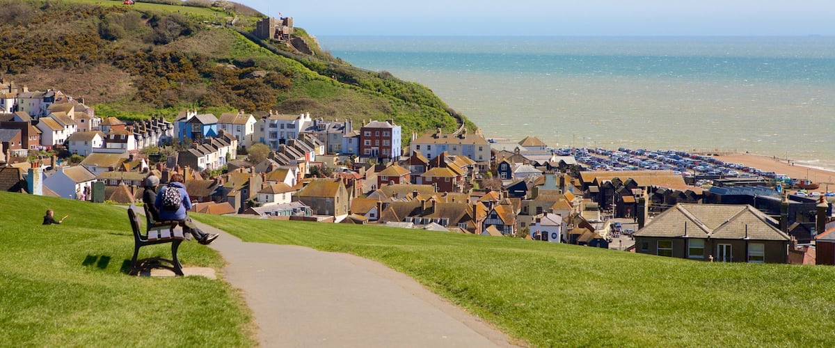 Hastings Castle showing general coastal views and a coastal town