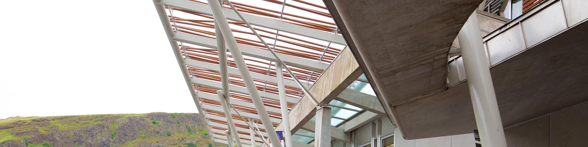 Scottish Parliament showing street scenes and a pool