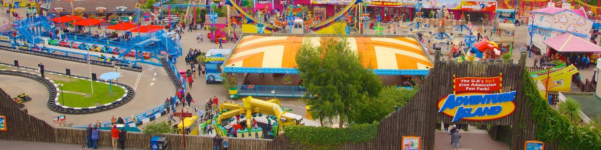 An amusement park with roller coasters, a Ferris wheel, and a large yellow building.