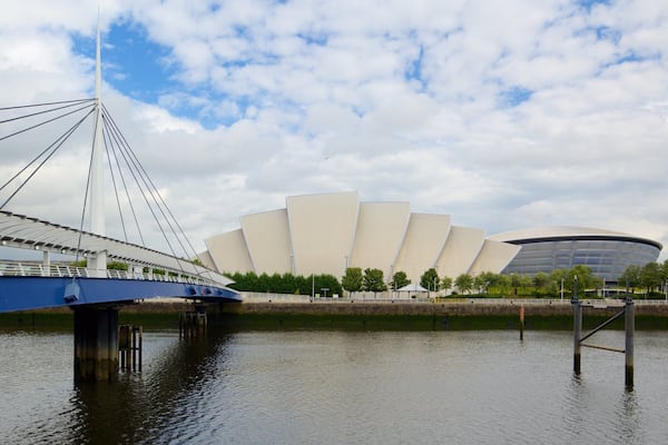 Scottish Exhibition and Conference Centre which includes a bridge and a river or creek