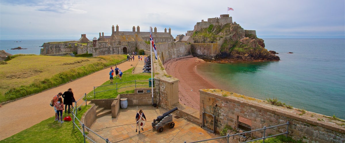 Elizabeth Castle showing chateau or palace, general coastal views and a beach