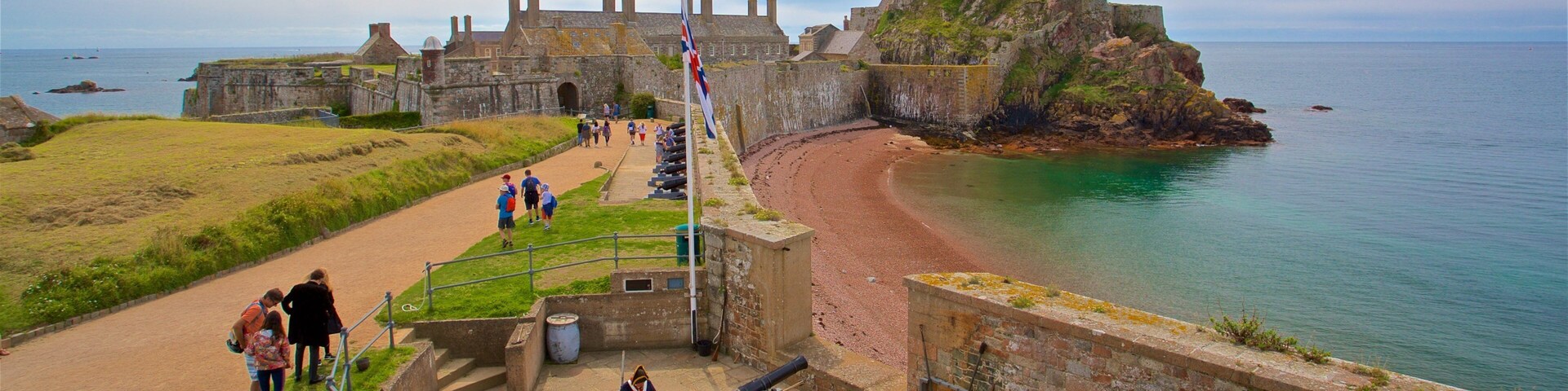 Elizabeth Castle showing chateau or palace, general coastal views and a beach