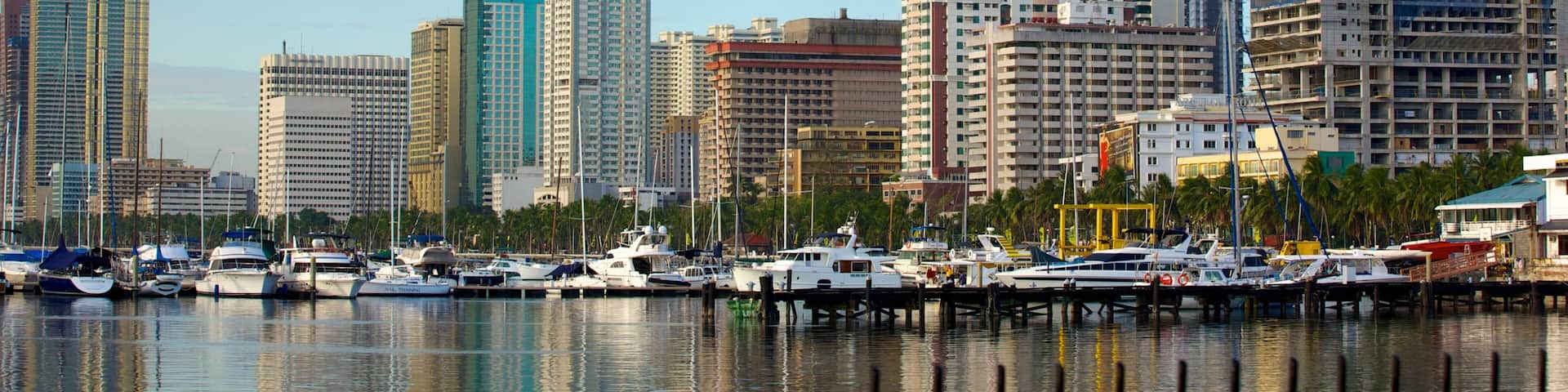 Baywalk which includes city views, boating and a marina