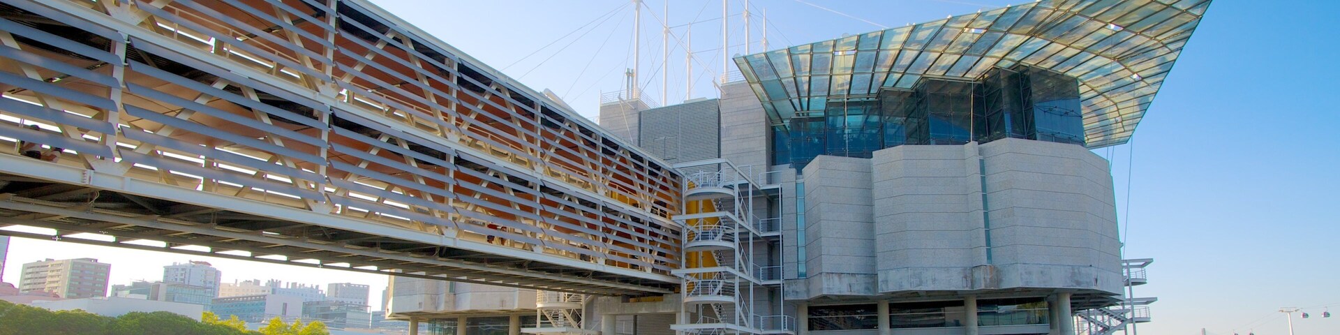 Lisbon Oceanarium which includes modern architecture, a bay or harbour and marine life