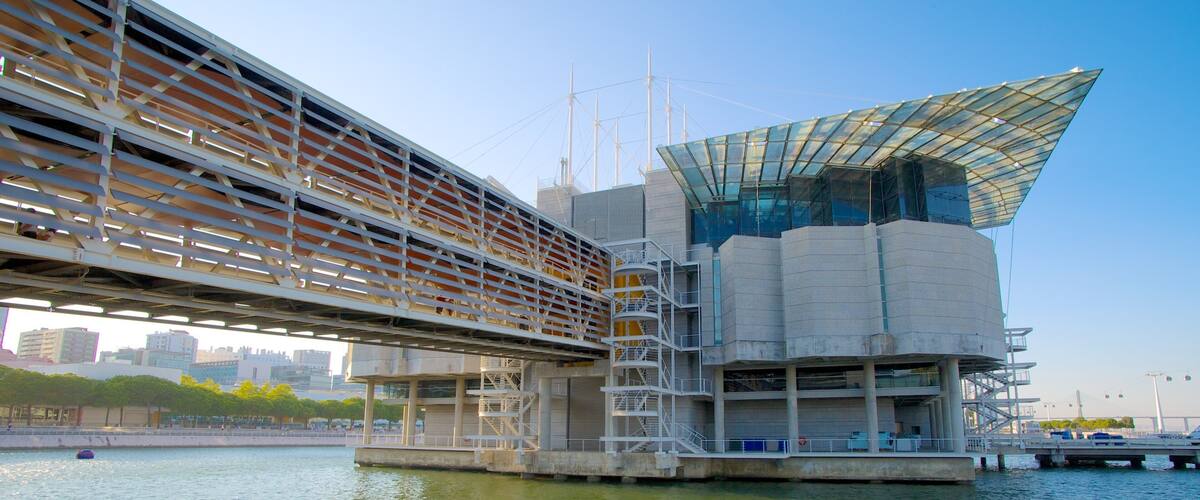 A modern architectural structure with a glass roof and metal framework over a body of water.