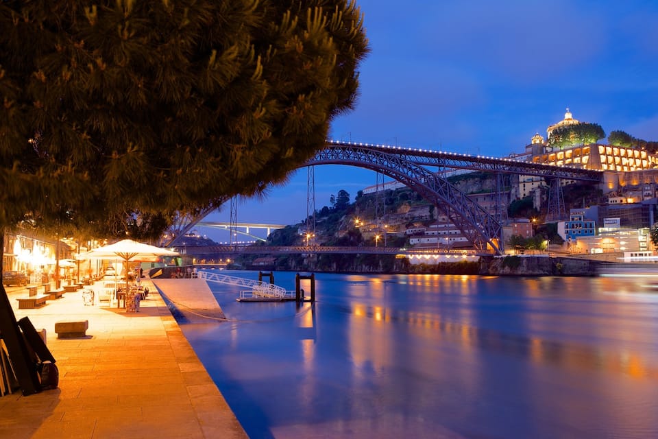 A river with a bridge, a tree, and buildings in the background.