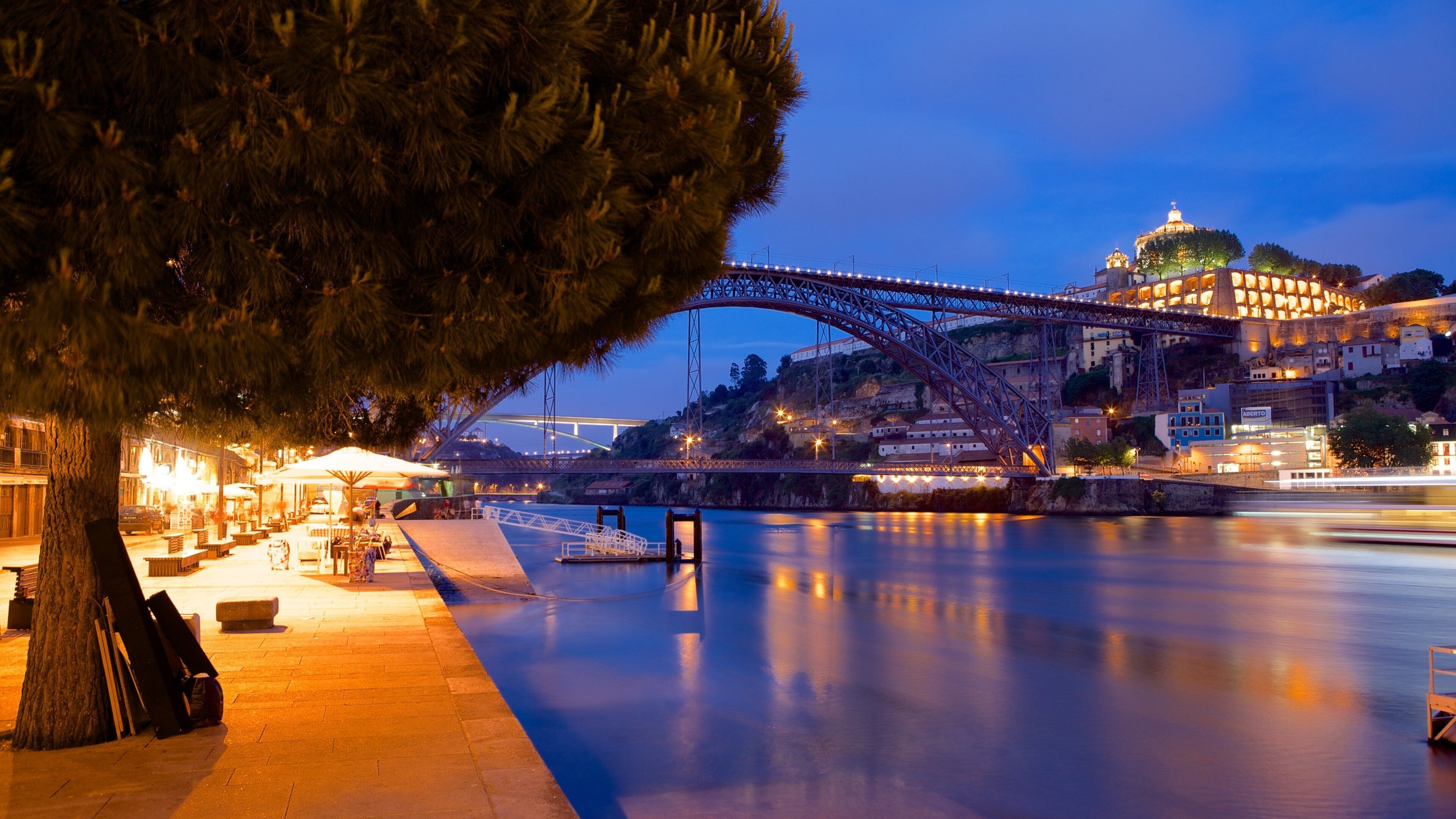 A river with a bridge, a tree, and buildings in the background.