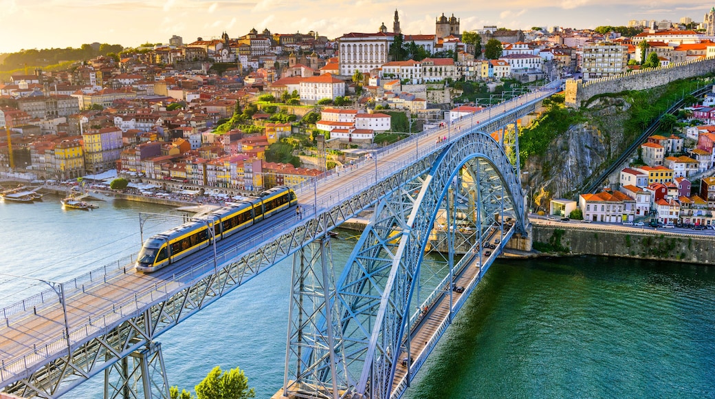 Porto, Portugal cityscape on the Douro River and Dom Luis I Bridge.