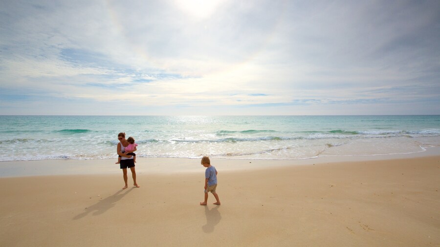 Playa de la Isla de Faro que incluye una playa y vistas generales de la costa y también una familia