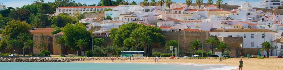 Meia Praia Beach which includes a sandy beach, a coastal town and general coastal views